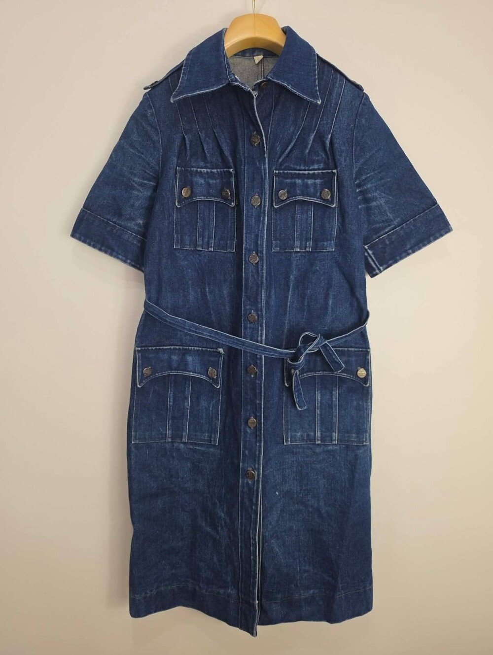 Vintage Trapper Casual Dark Blue Denim Shirt Dress with Self-Tie Belt